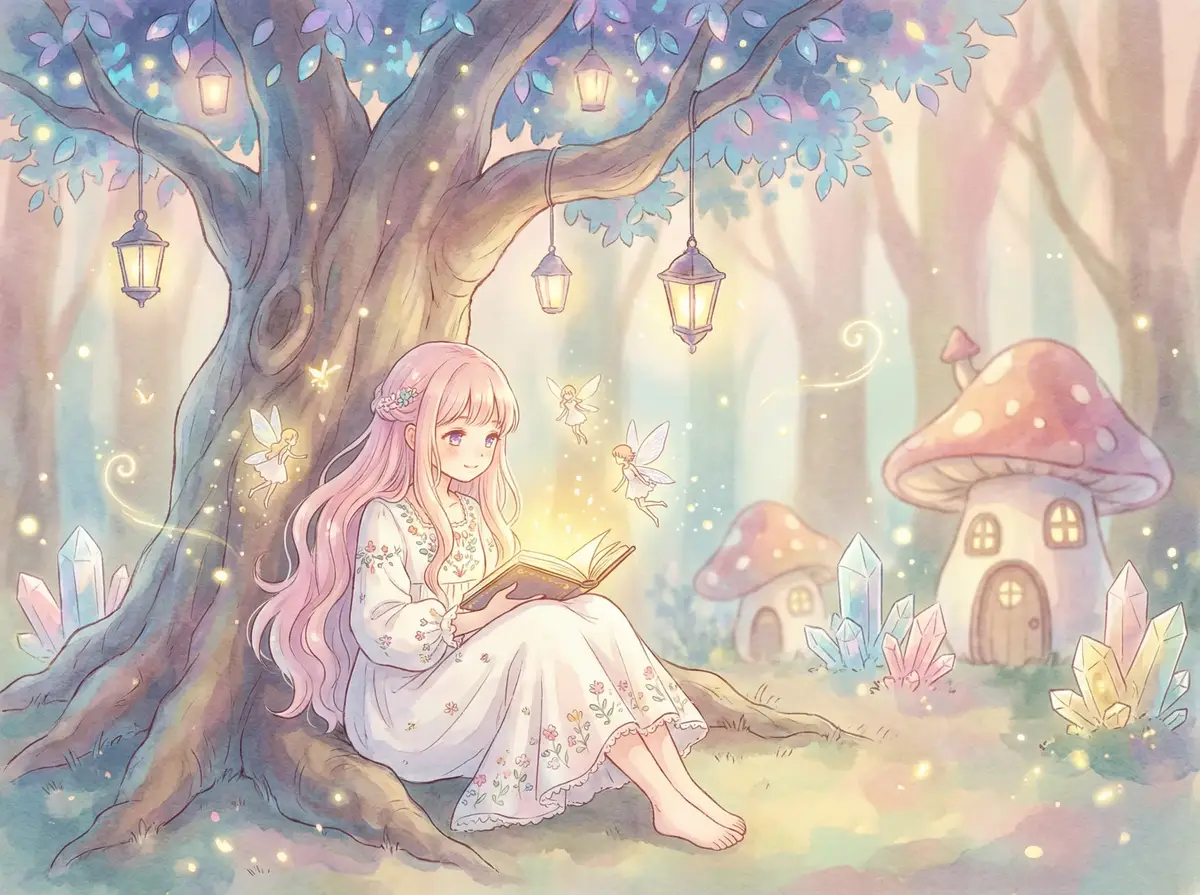 免费看麻豆文化传媒 - 魔法森林中阅读故事书的粉发少女与精灵